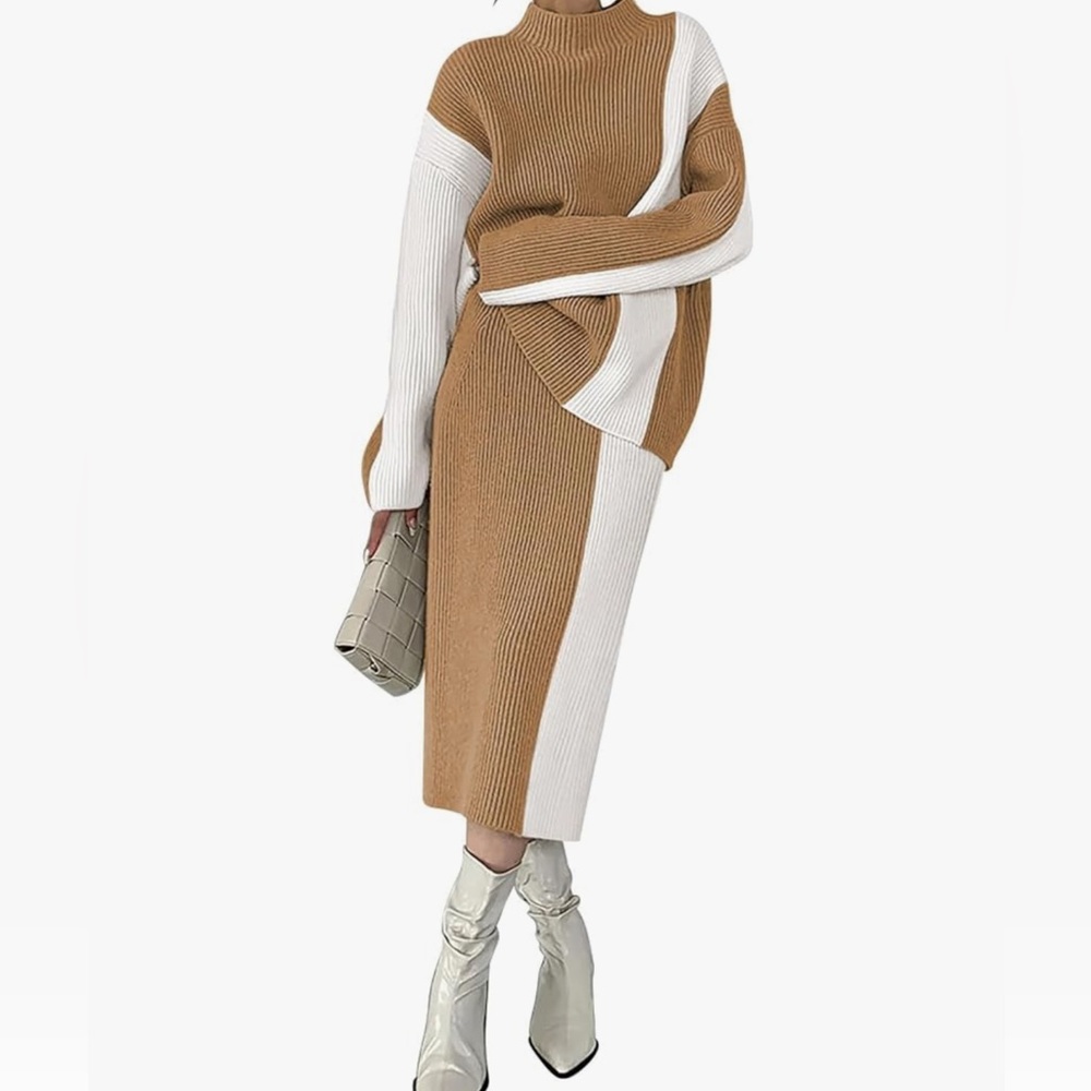 Sweater + Skirt Set Oversized Tan and White Knit